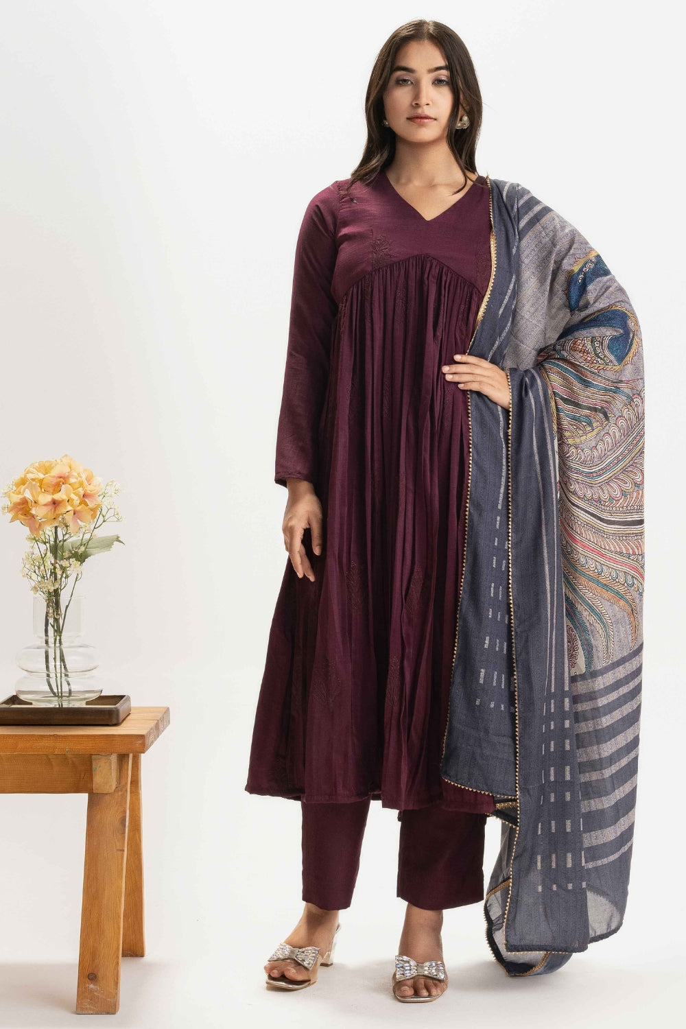 WINE PURE CHINNON COTTON EMBROIDERED SUIT SET WITH CONTRAST DUPATTA