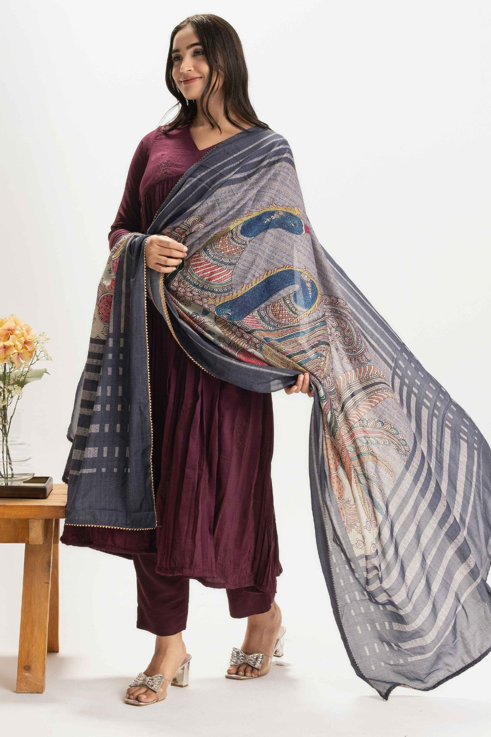 WINE PURE CHINNON COTTON EMBROIDERED SUIT SET WITH CONTRAST DUPATTA