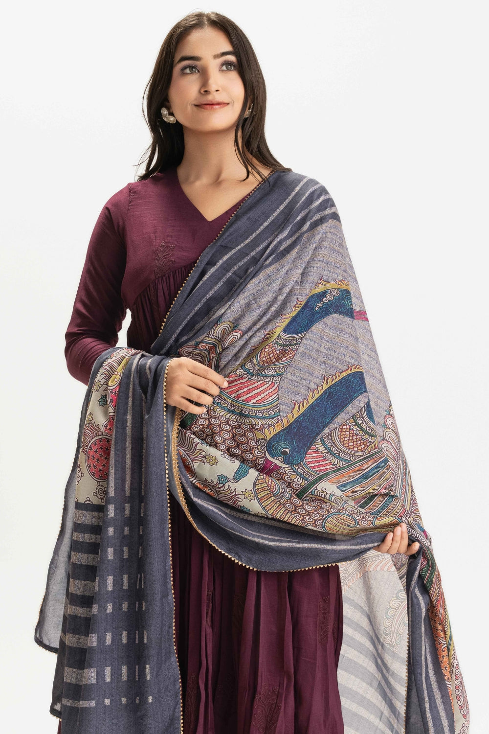 WINE PURE CHINNON COTTON EMBROIDERED SUIT SET WITH CONTRAST DUPATTA