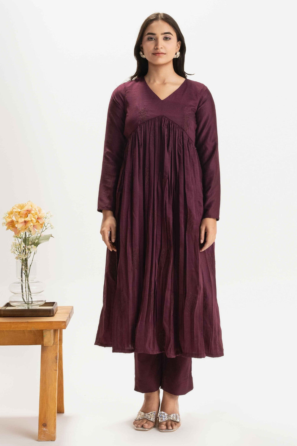 WINE PURE CHINNON COTTON EMBROIDERED SUIT (WITHOUT DUPATTA)