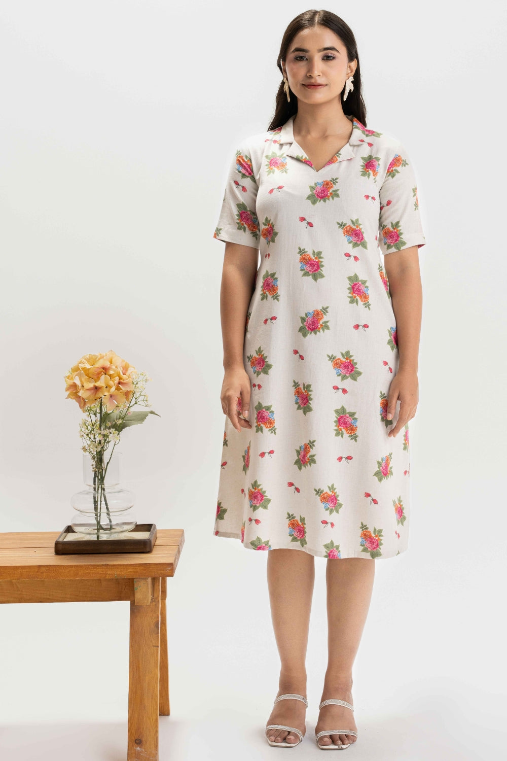 WHITE PURE KHADI FLORAL SOFT DRESS