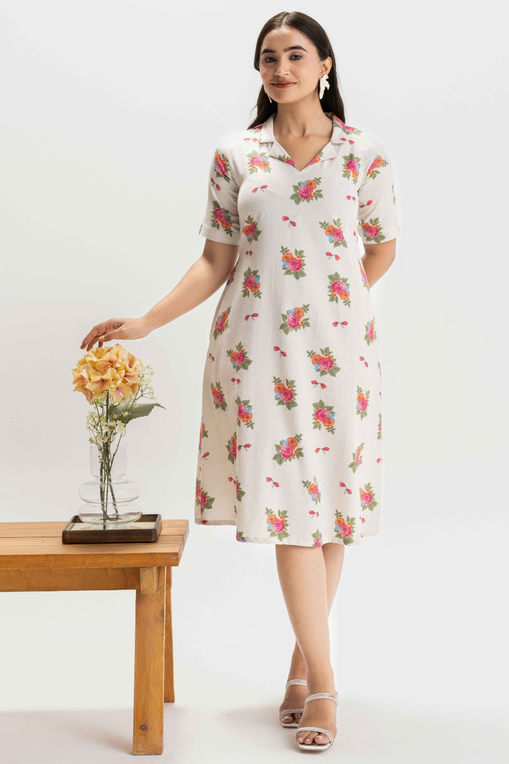 WHITE PURE KHADI FLORAL SOFT DRESS