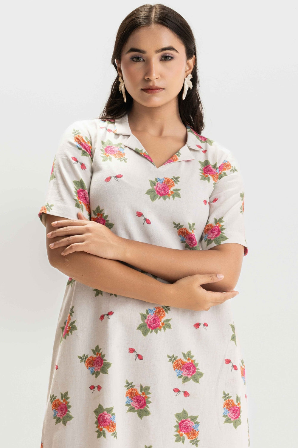 WHITE PURE KHADI FLORAL SOFT DRESS