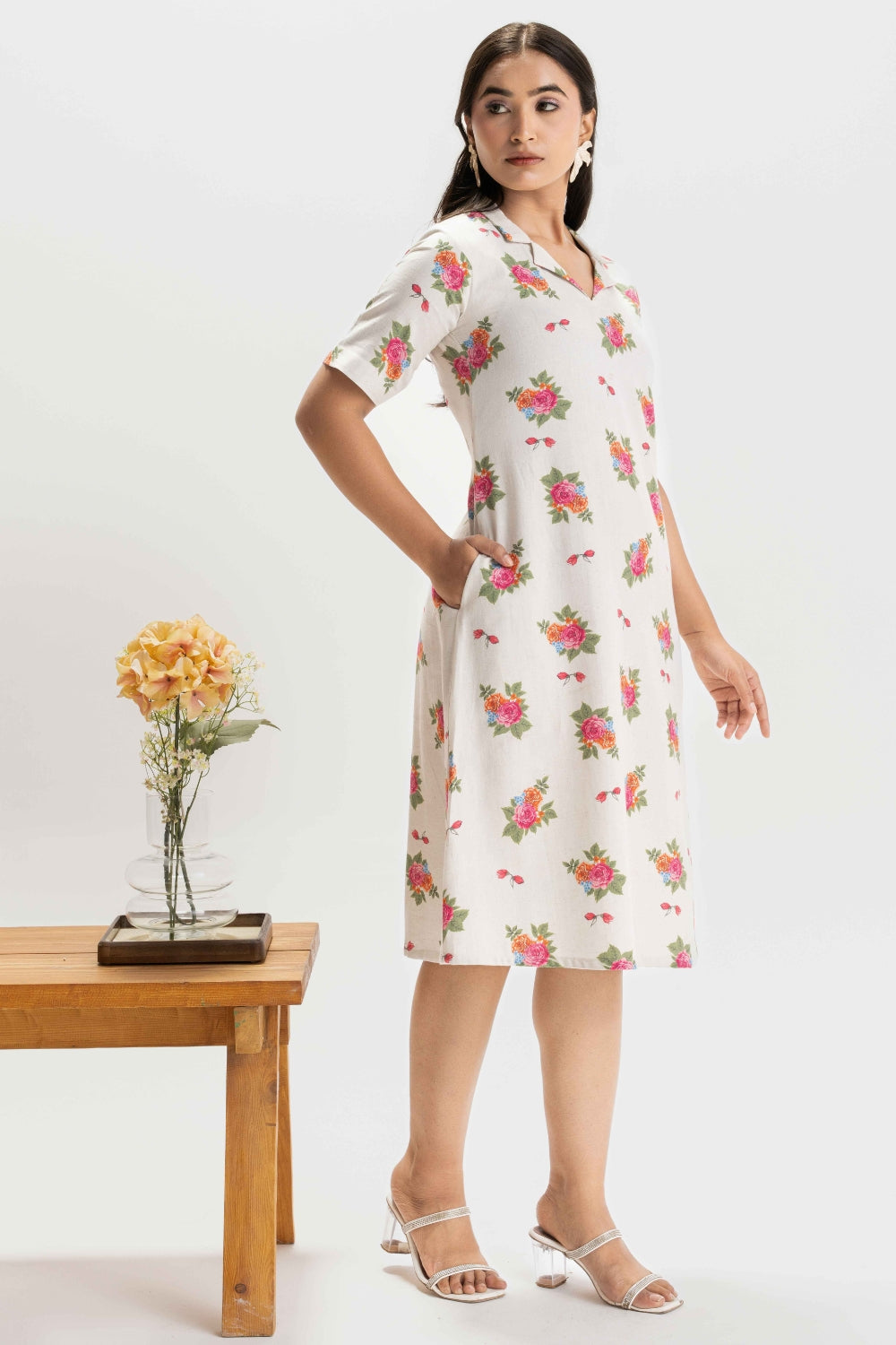 WHITE PURE KHADI FLORAL SOFT DRESS