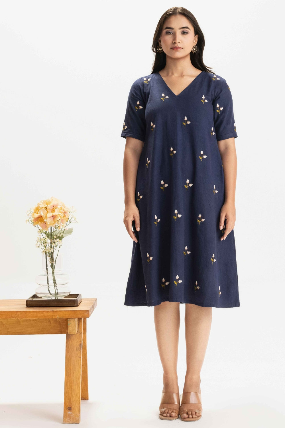 NAVY BLUE KHADI EMBROIDERED SOFT DRESS