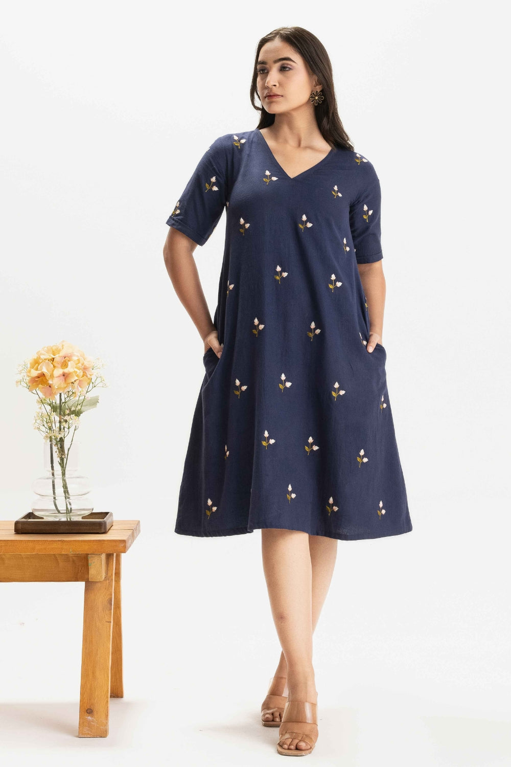 NAVY BLUE KHADI EMBROIDERED SOFT DRESS