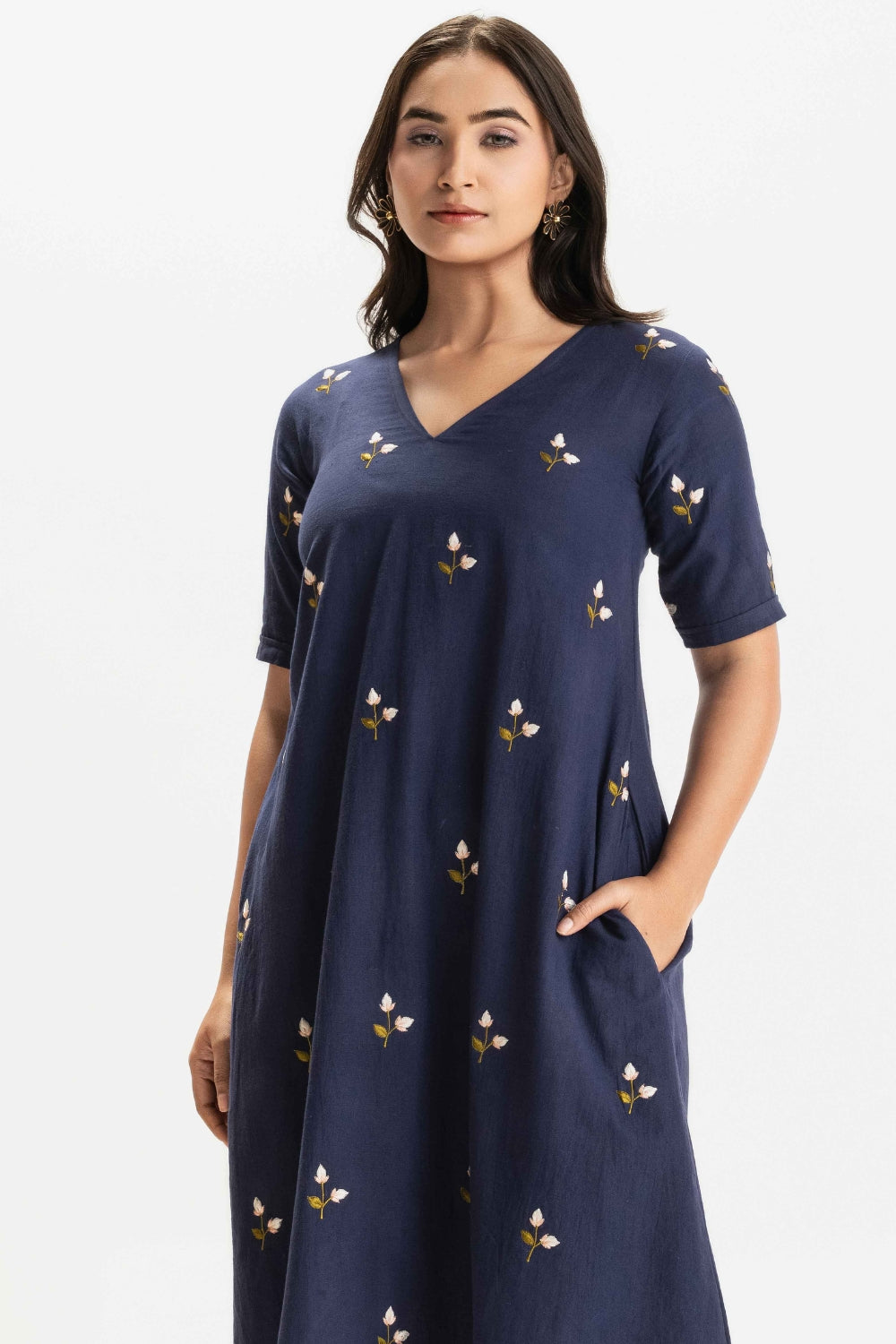 NAVY BLUE KHADI EMBROIDERED SOFT DRESS