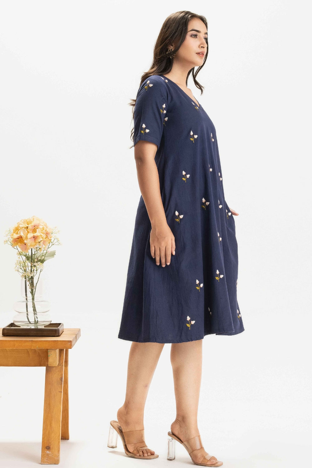 NAVY BLUE KHADI EMBROIDERED SOFT DRESS