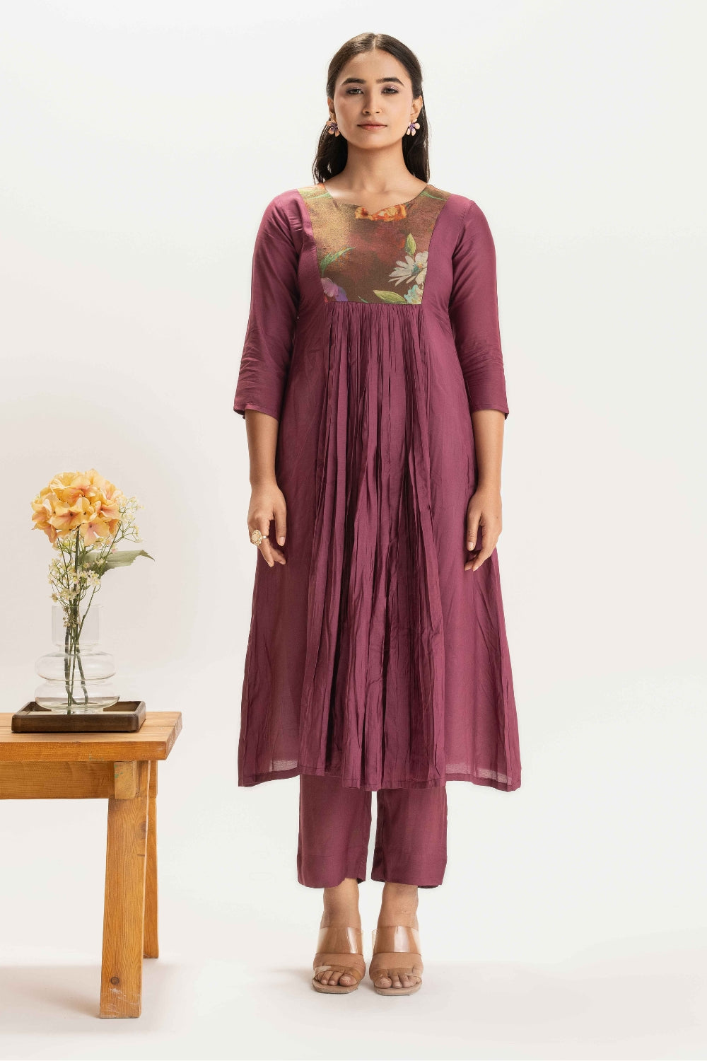 WINE FLORAL PATCH WORK DELICATE PURE MUSLIN SOFT CO-ORD SET