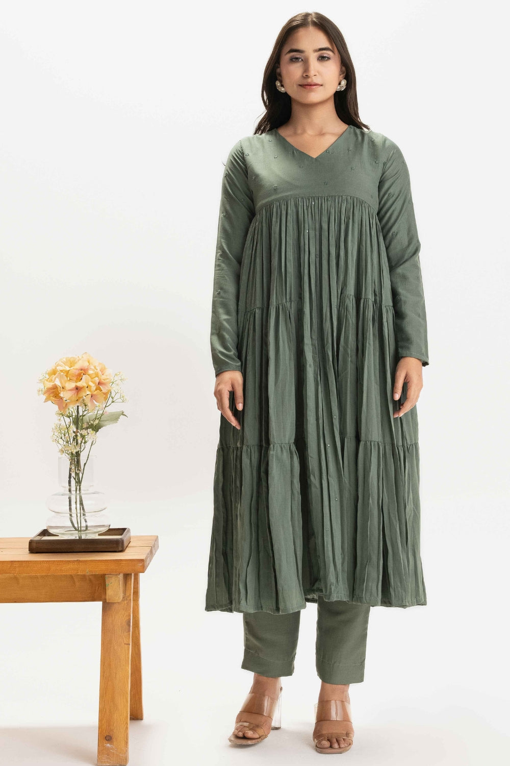 SAGE GREEN PURE CHINNON COTTON BUTTI WORK FESTIVE SUIT