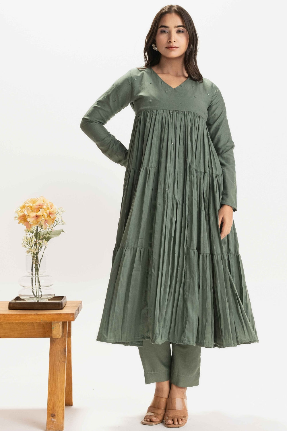 SAGE GREEN PURE CHINNON COTTON BUTTI WORK FESTIVE SUIT