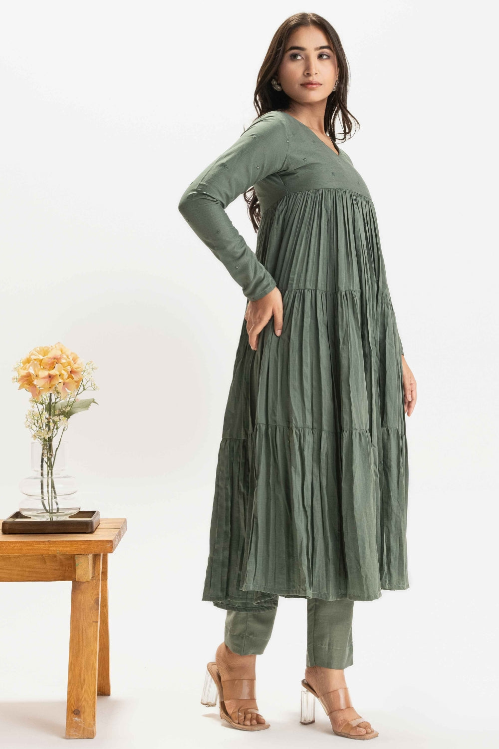 SAGE GREEN PURE CHINNON COTTON BUTTI WORK FESTIVE SUIT