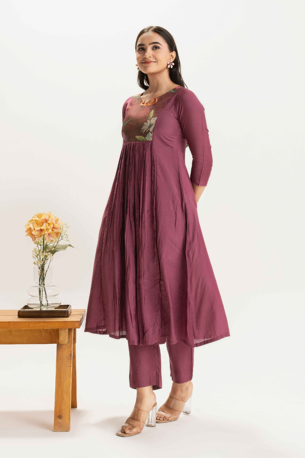 WINE FLORAL PATCH WORK DELICATE PURE MUSLIN SOFT CO-ORD SET