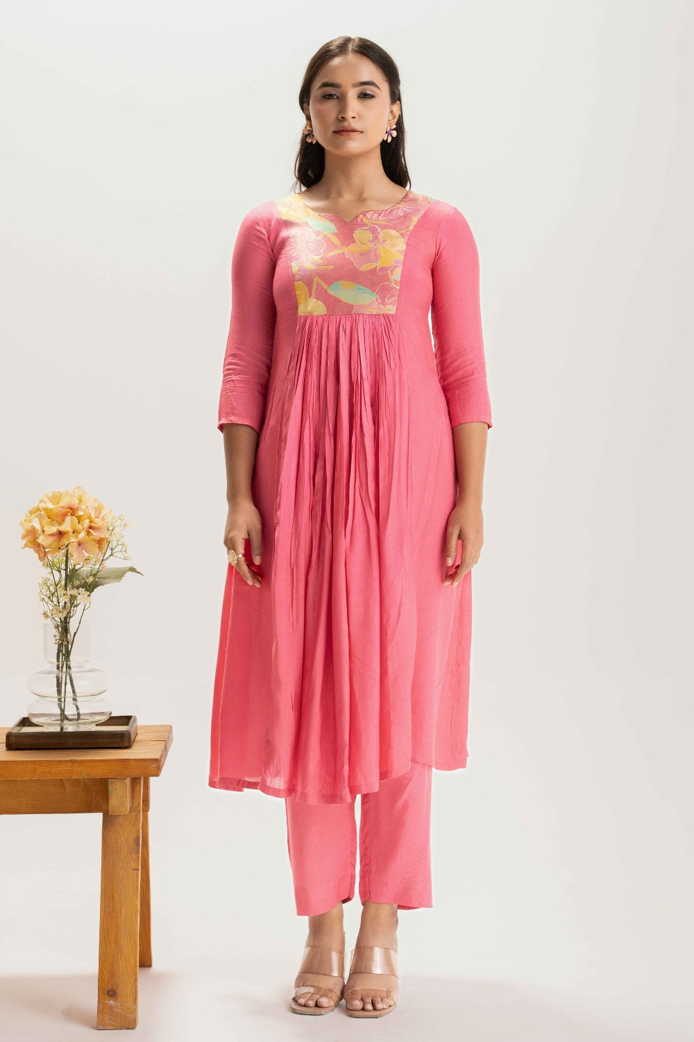 LIGHT PINK FLORAL PATCH WORK DELICATE PURE MUSLIN SOFT CO-ORD SET