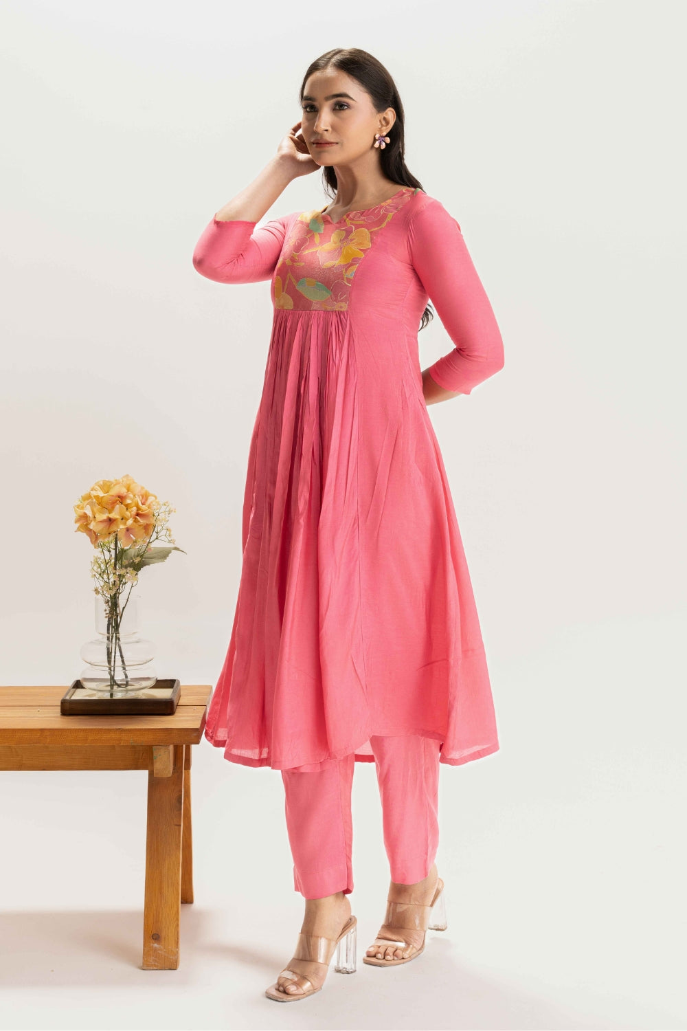 LIGHT PINK FLORAL PATCH WORK DELICATE PURE MUSLIN SOFT CO-ORD SET