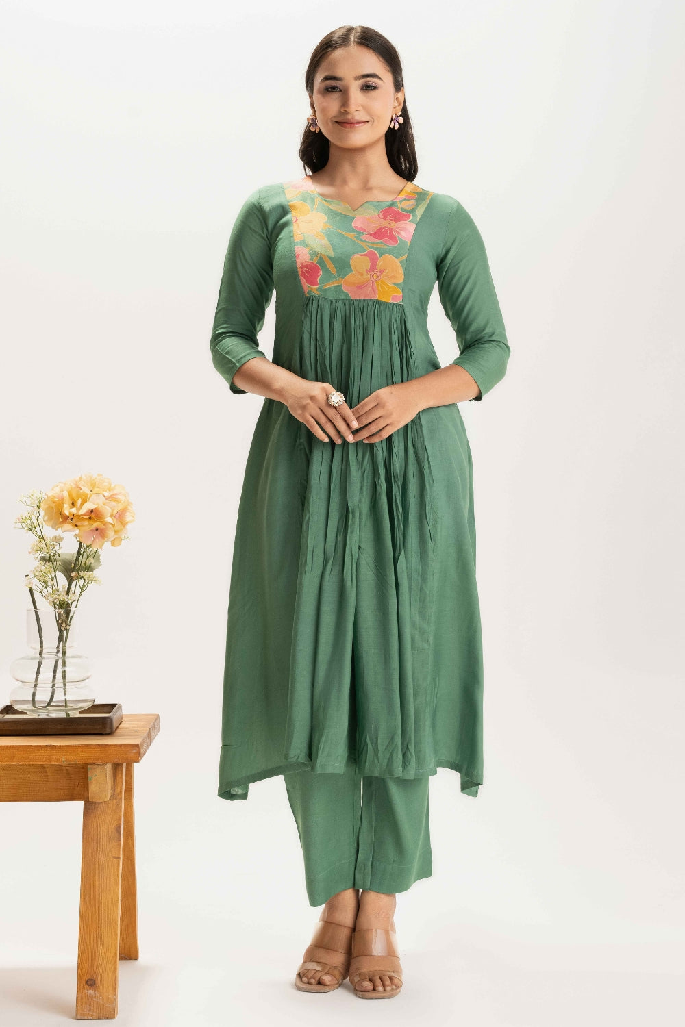 GREEN FLORAL PATCH WORK DELICATE PURE MUSLIN SOFT CO-ORD SET