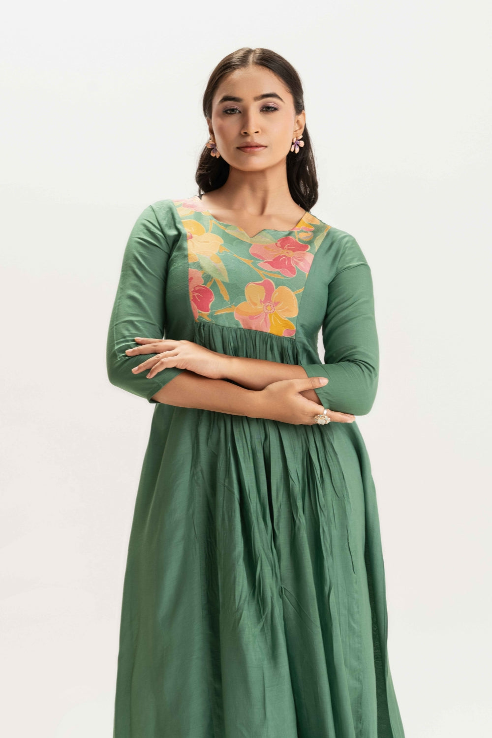 GREEN FLORAL PATCH WORK DELICATE PURE MUSLIN SOFT CO-ORD SET