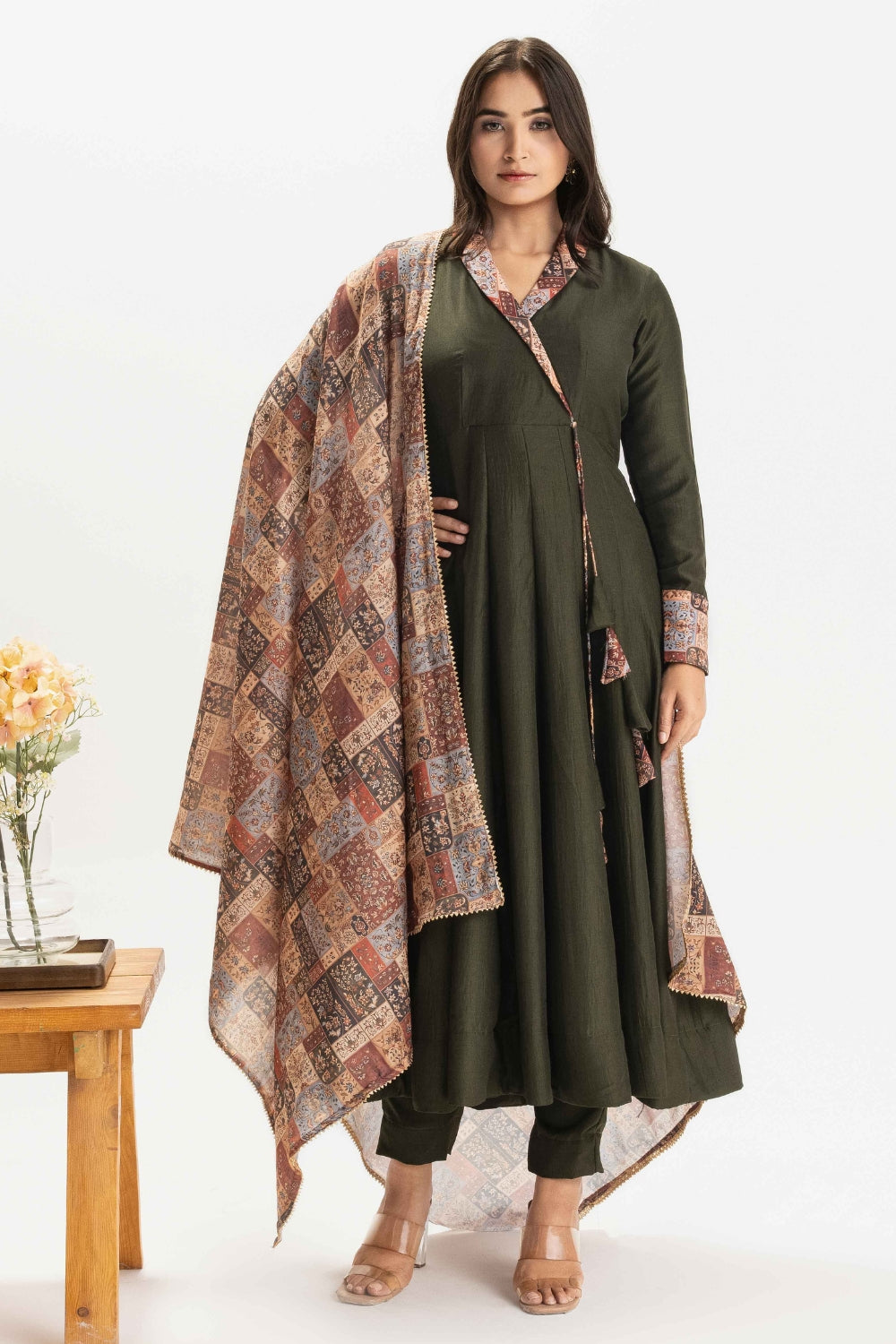 DARK GREEN - FLARED CHINNON COTTON  ANARKALI (WITH DUPATA)