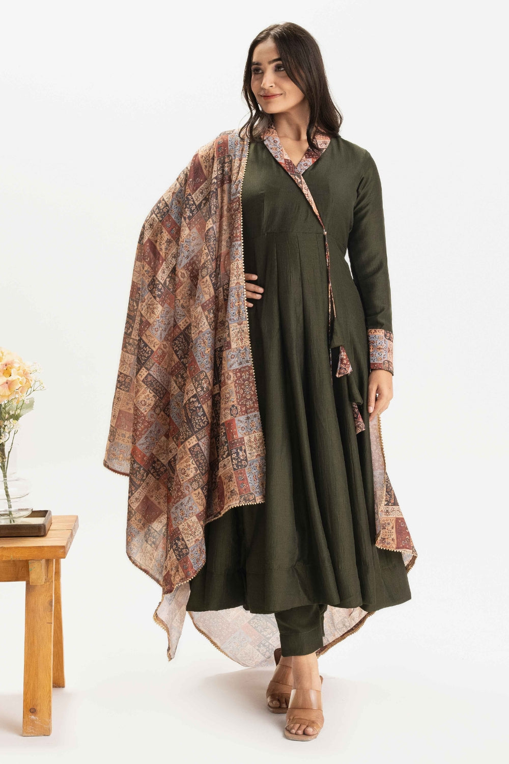 DARK GREEN - FLARED CHINNON COTTON  ANARKALI (WITH DUPATA)