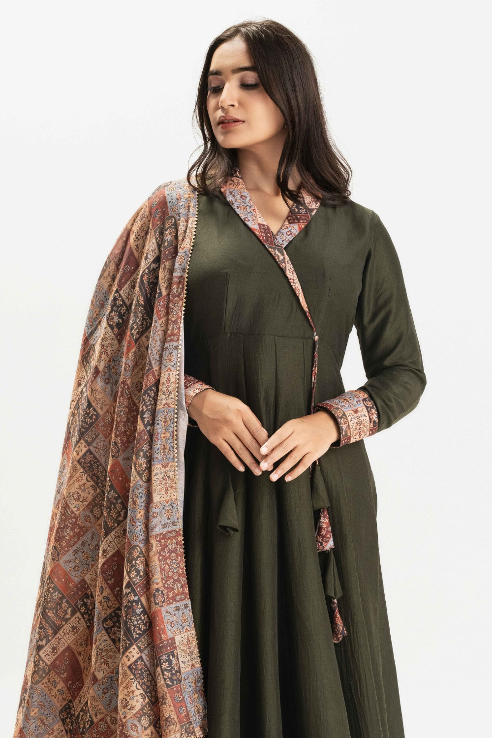 DARK GREEN - FLARED CHINNON COTTON  ANARKALI (WITH DUPATA)