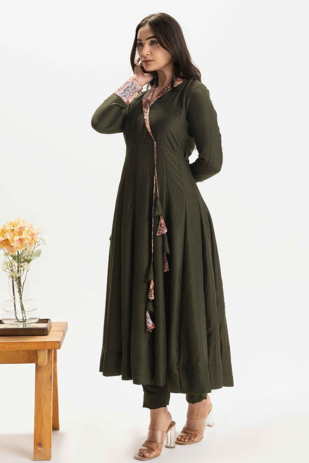 DARK GREEN - FLARED CHINNON COTTON  ANARKALI (WITHOUT DUPATA)