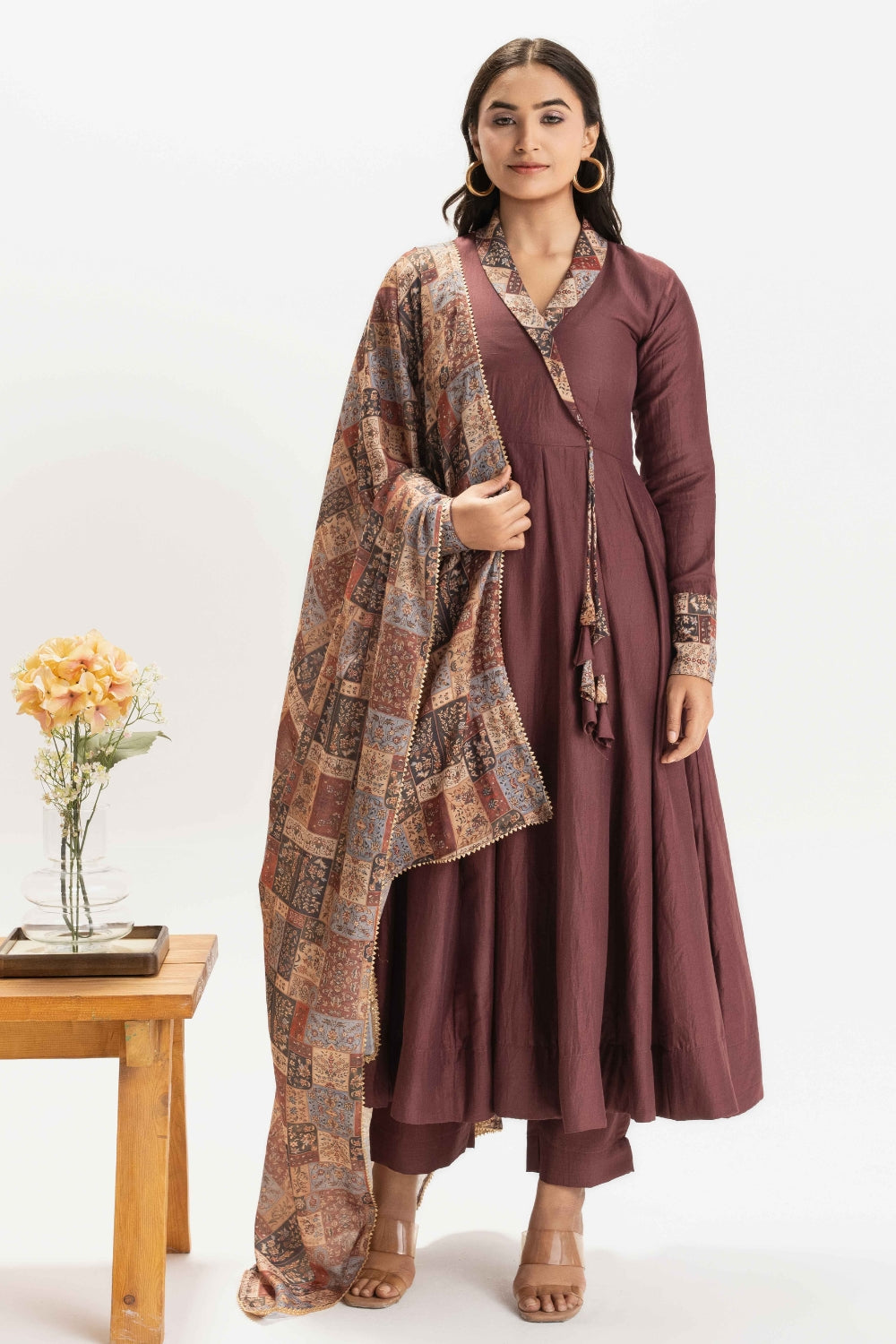 DUSTY PINK PURE CHINNON COTTON ANARKALI WITH CONTRAST DUPATTA