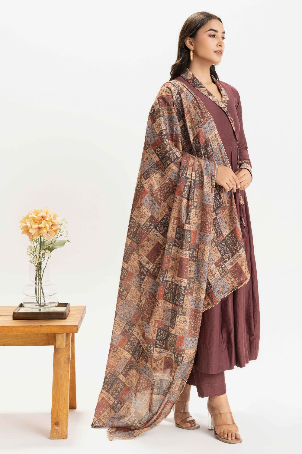 DUSTY PINK PURE CHINNON COTTON ANARKALI WITH CONTRAST DUPATTA