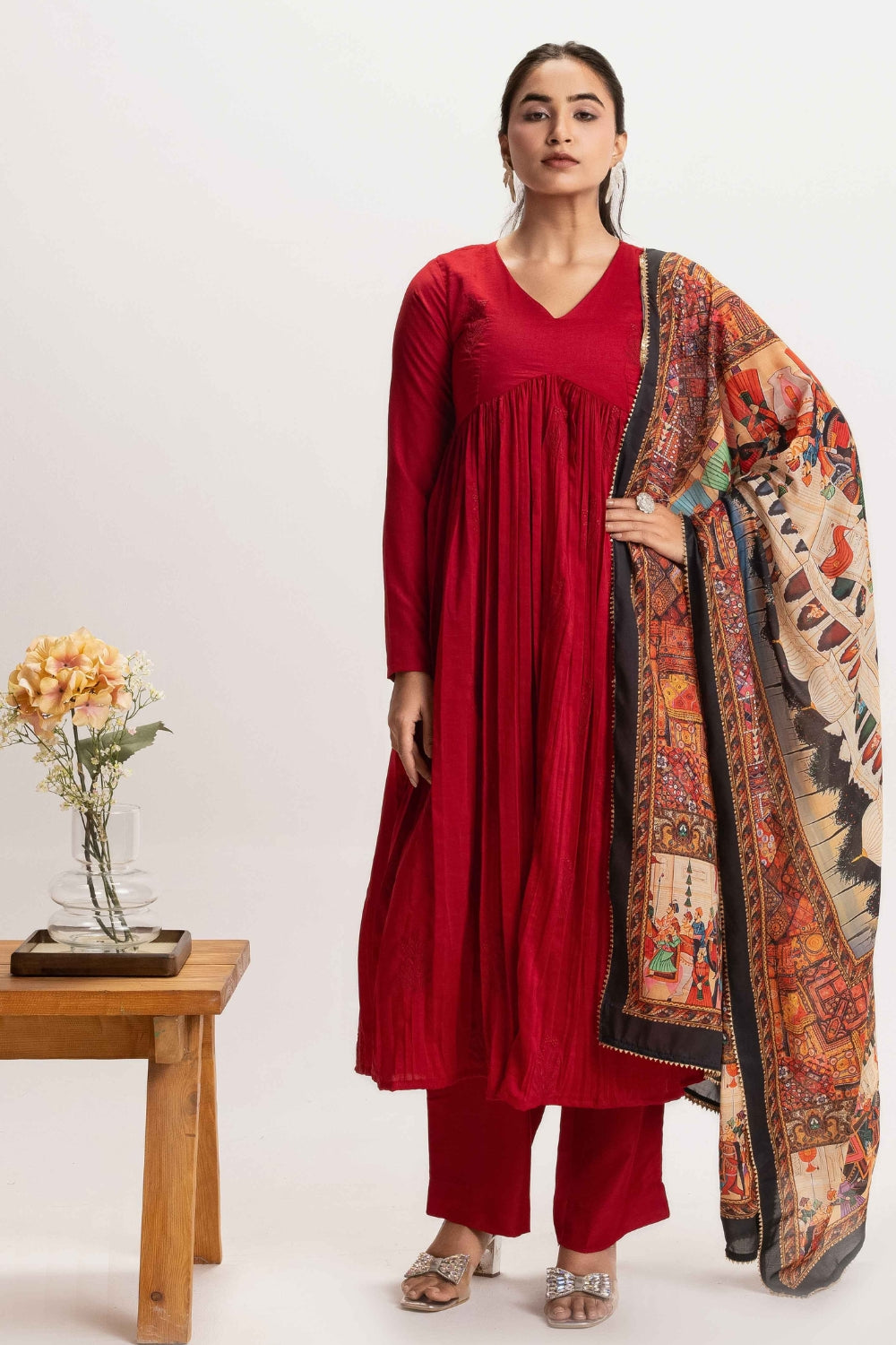 CHERRY RED PURE CHINNON COTTON EMBROIDERED SUIT SET WITH CONTRAST DUPATTA