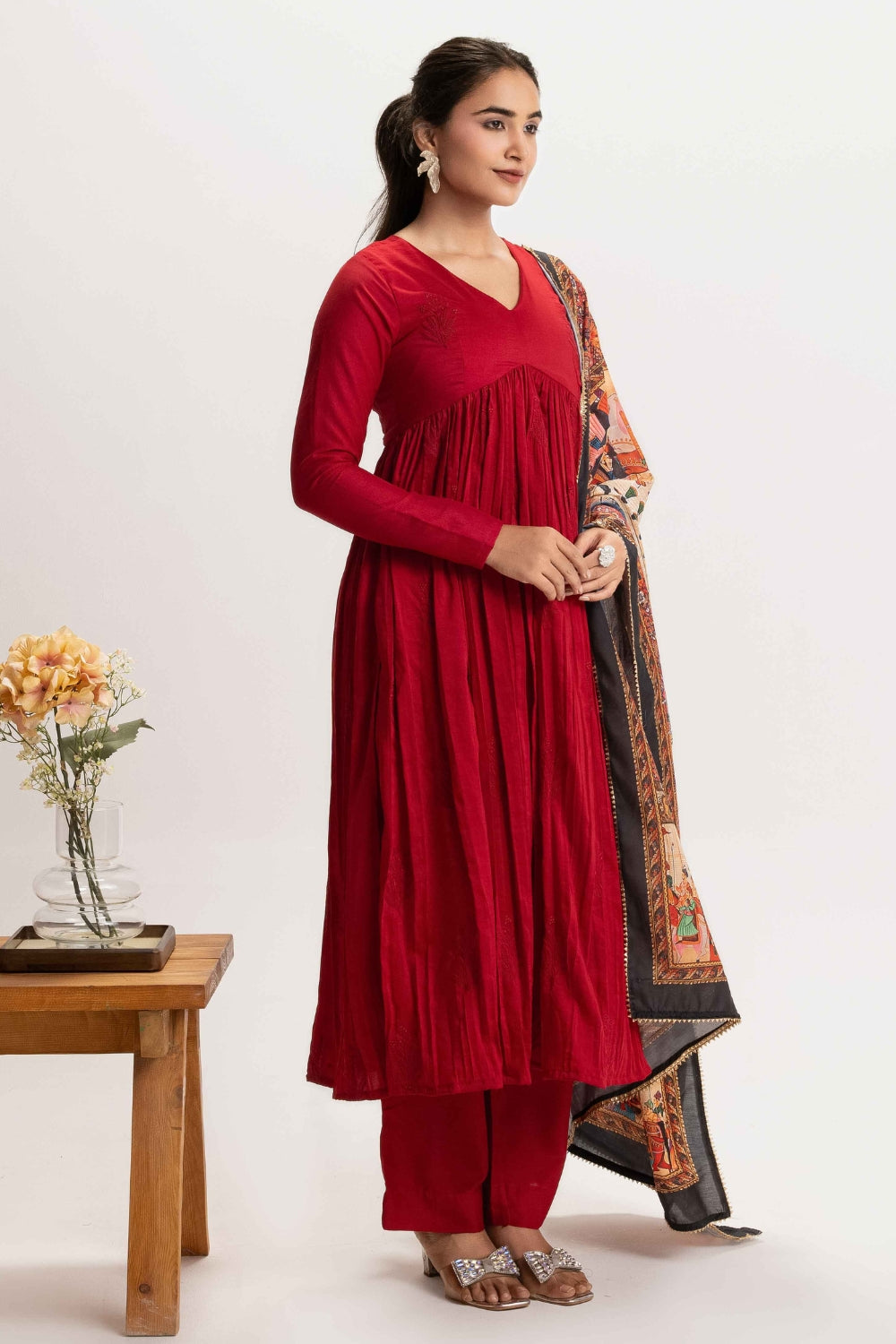 CHERRY RED PURE CHINNON COTTON EMBROIDERED SUIT SET WITH CONTRAST DUPATTA