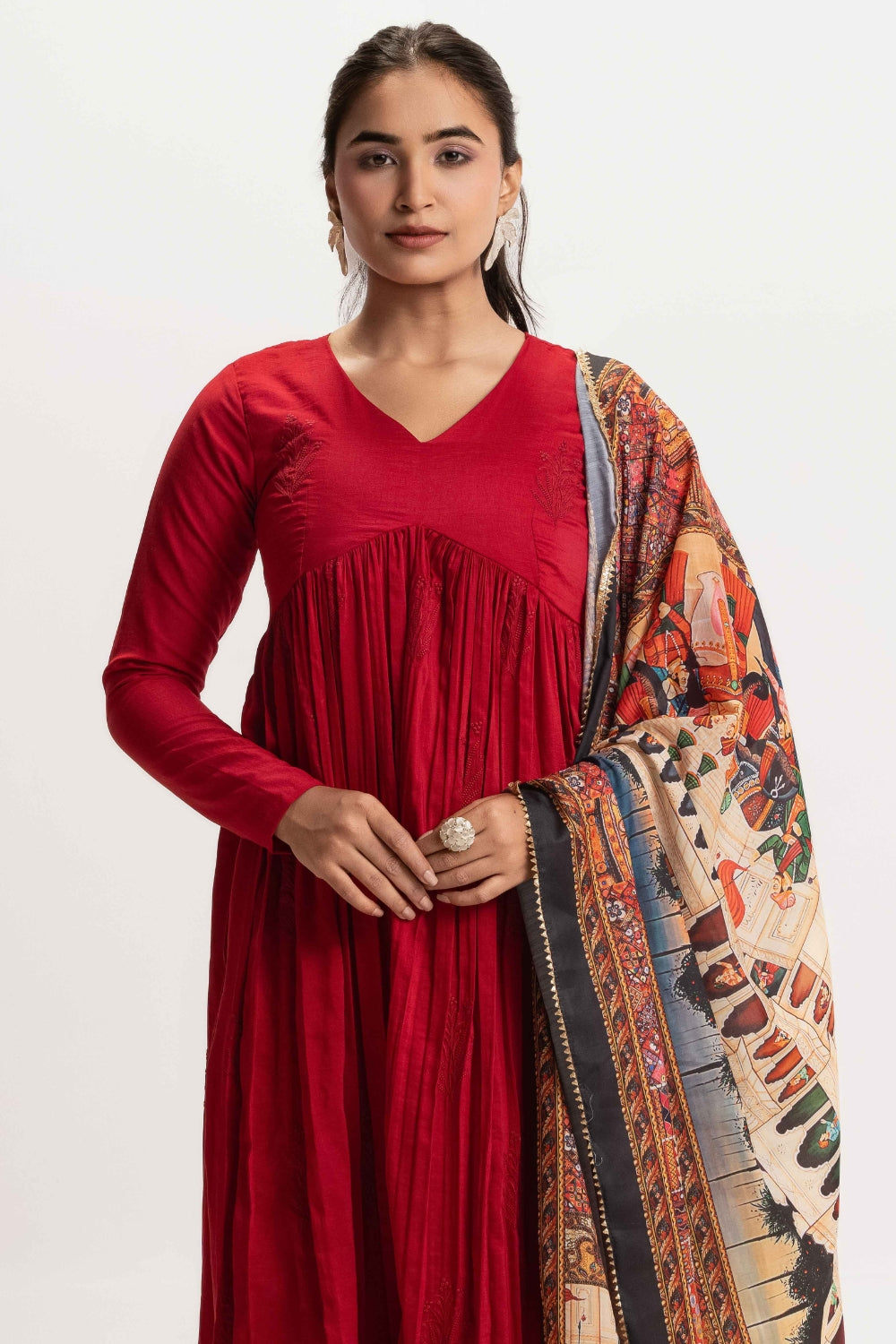 CHERRY RED PURE CHINNON COTTON EMBROIDERED SUIT SET WITH CONTRAST DUPATTA