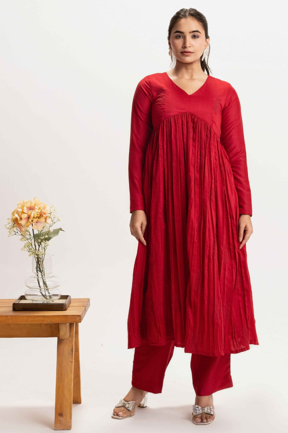 CHERRY RED PURE CHINNON COTTON EMBROIDERED SUIT (WITHOUT DUPATTA)