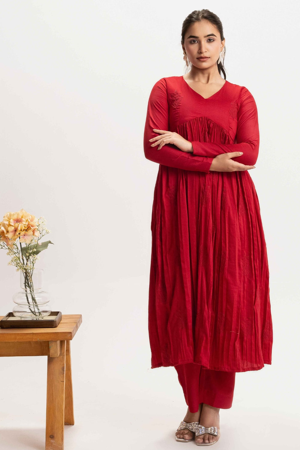 CHERRY RED PURE CHINNON COTTON EMBROIDERED SUIT (WITHOUT DUPATTA)