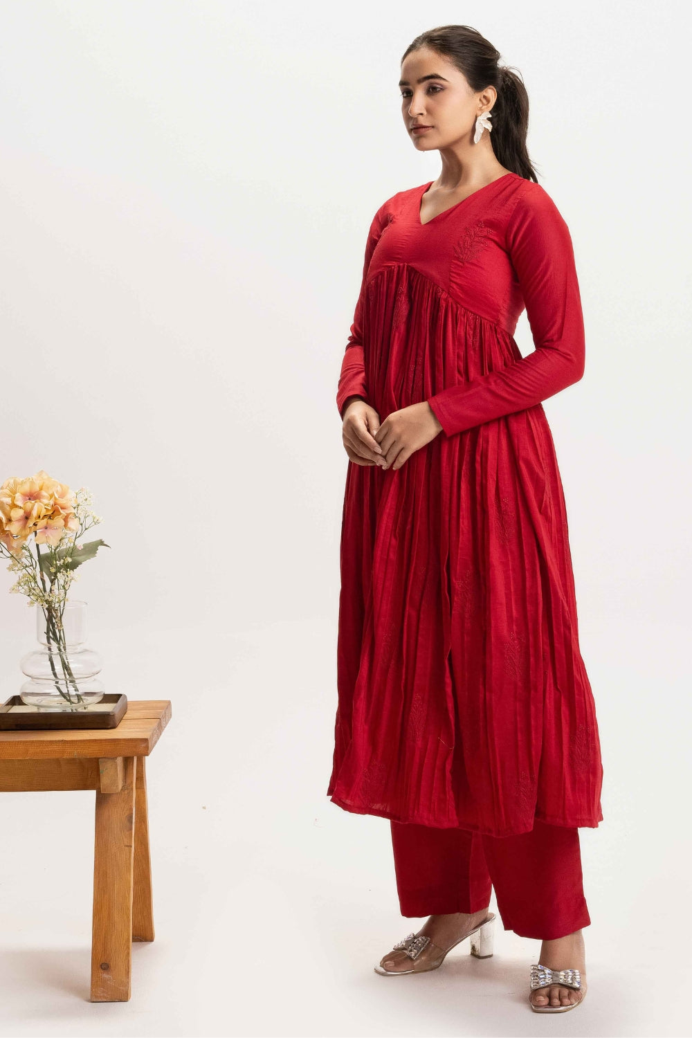 CHERRY RED PURE CHINNON COTTON EMBROIDERED SUIT (WITHOUT DUPATTA)