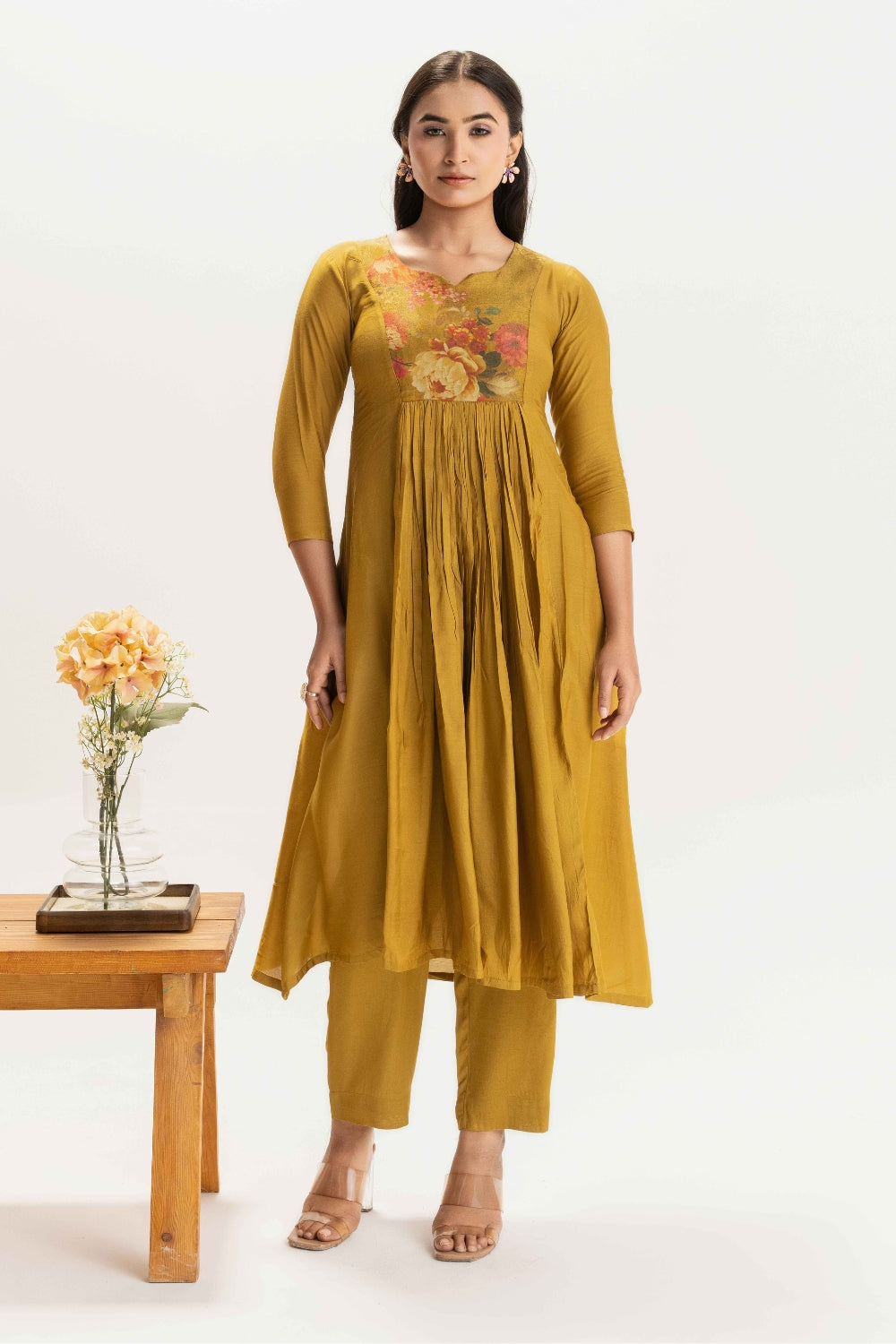 MUSTARD YELLOW FLORAL PATCH WORK DELICATE PURE MUSLIN SOFT CO-ORD SET