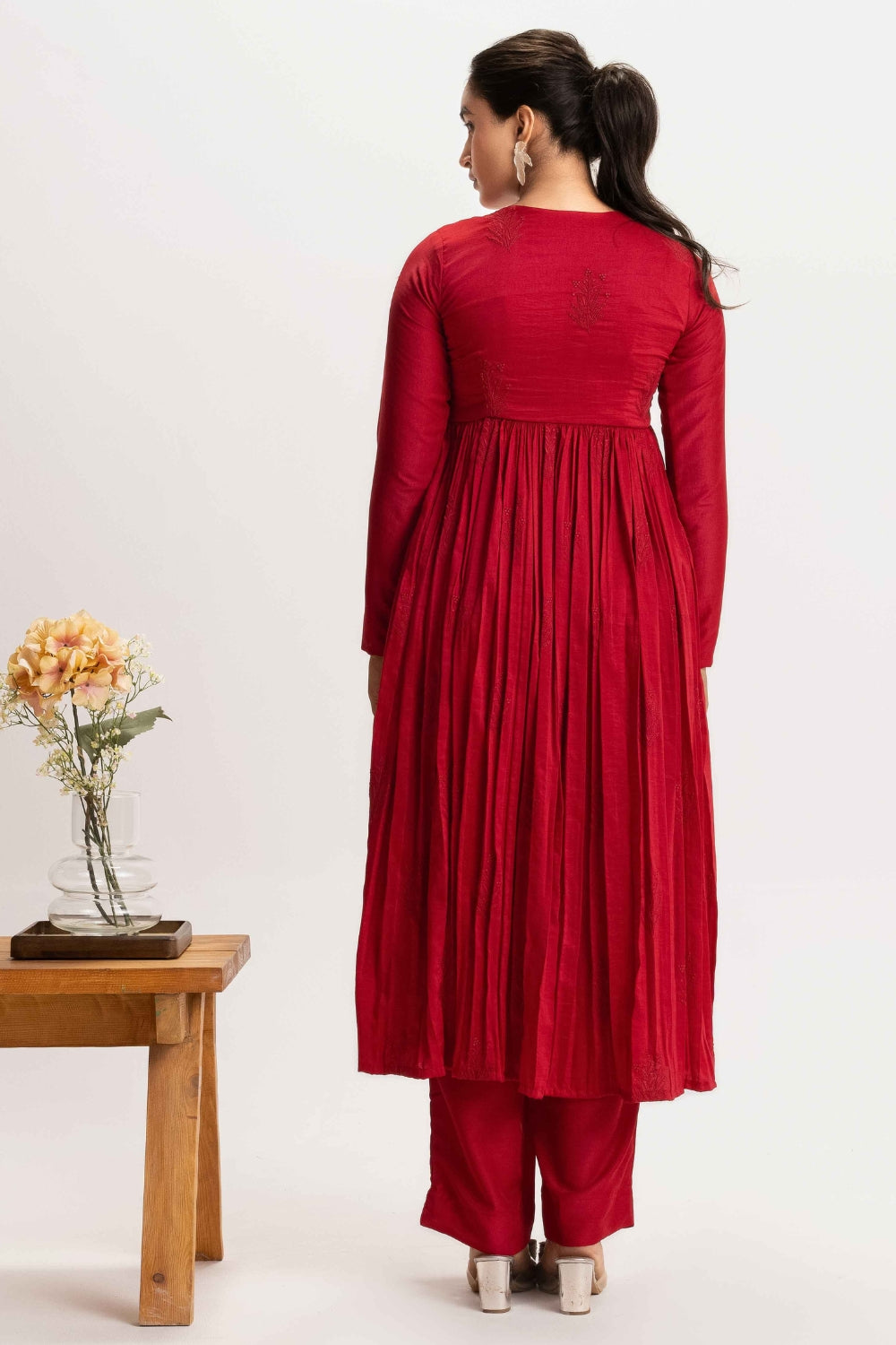 CHERRY RED PURE CHINNON COTTON EMBROIDERED SUIT (WITHOUT DUPATTA)