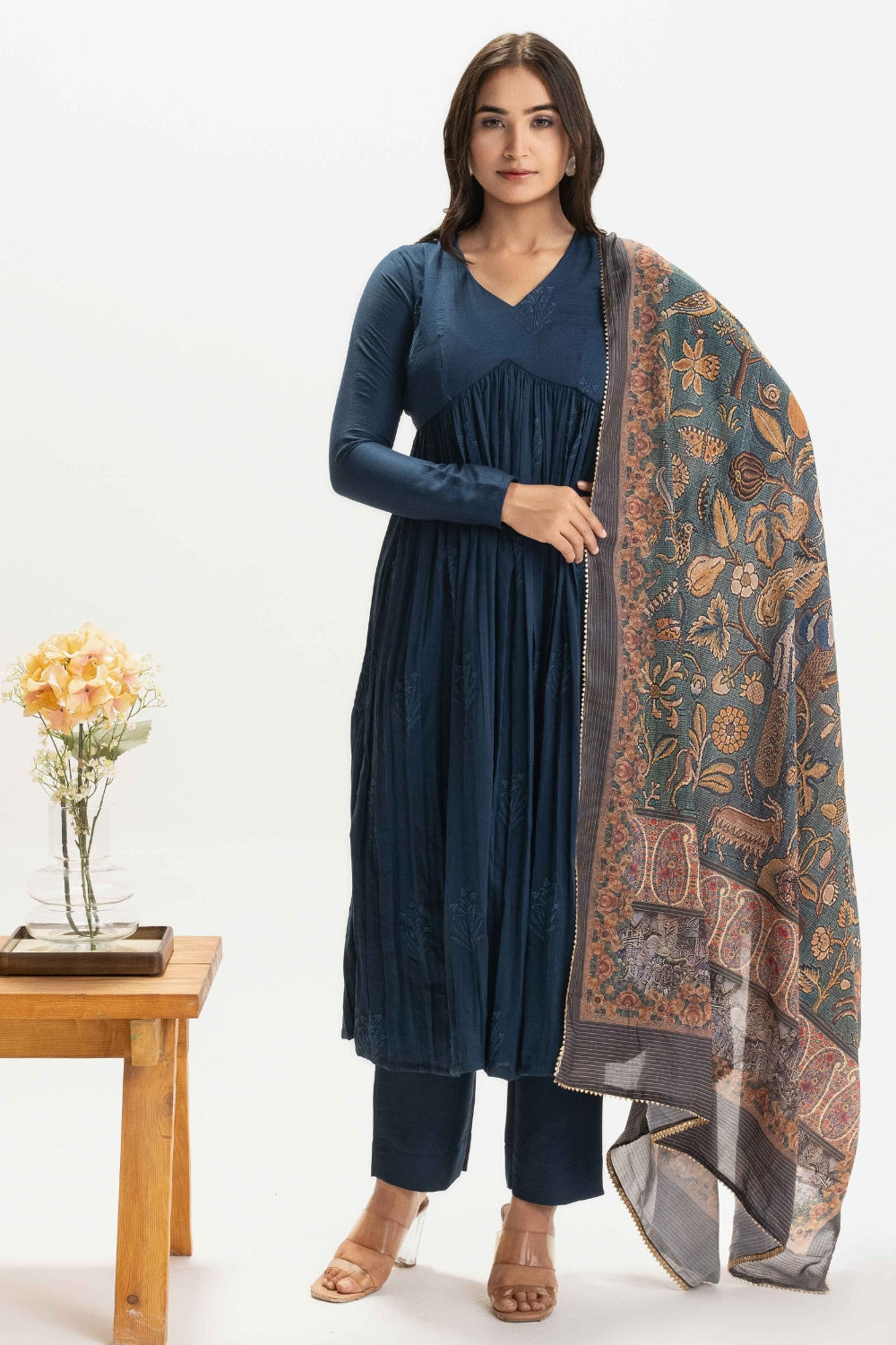 DARK BLUE PURE CHINNON COTTON EMBROIDERED SUIT SET WITH CONTRAST DUPATTA