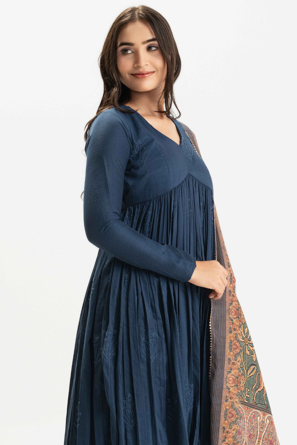 DARK BLUE PURE CHINNON COTTON EMBROIDERED SUIT SET WITH CONTRAST DUPATTA