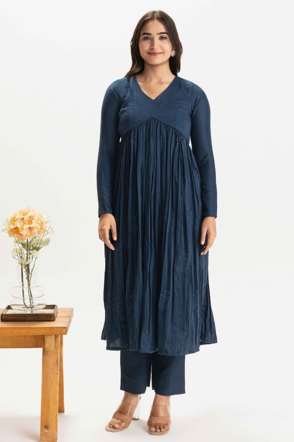 DARK BLUE PURE CHINNON COTTON EMBROIDERED SUIT (WITHOUT DUPATTA)