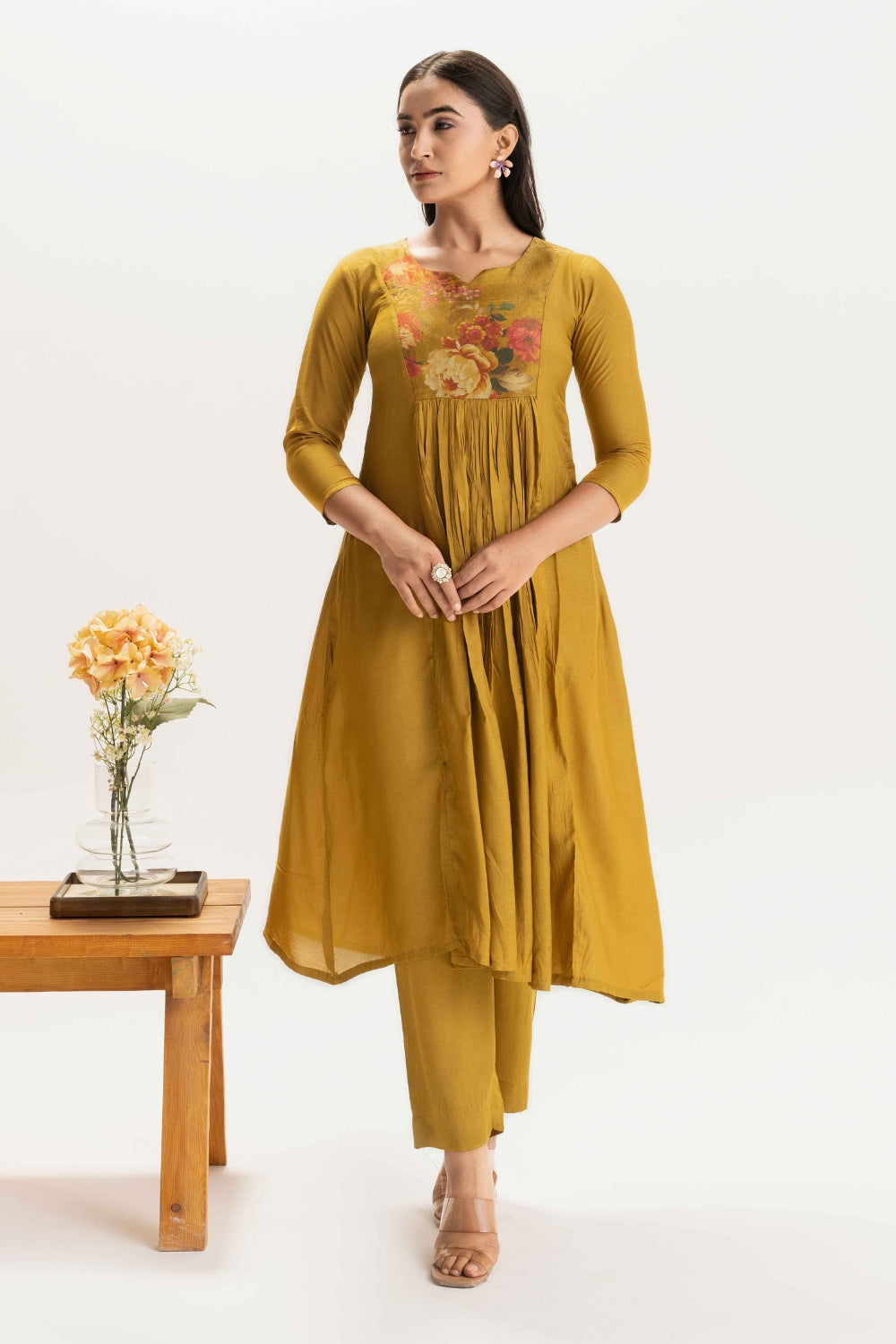 MUSTARD YELLOW FLORAL PATCH WORK DELICATE PURE MUSLIN SOFT CO-ORD SET