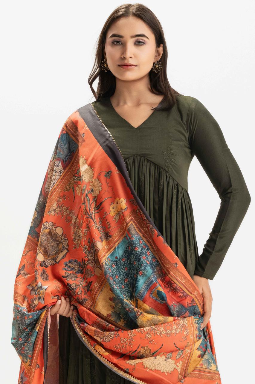 DARK GREEN PURE CHINNON COTTON EMBROIDERED SUIT SET WITH CONTRAST DUPATTA