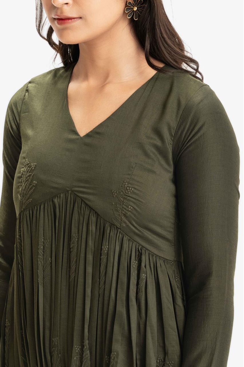 DARK GREEN PURE CHINNON COTTON EMBROIDERED SUIT SET WITHOUT CONTRAST DUPATTA