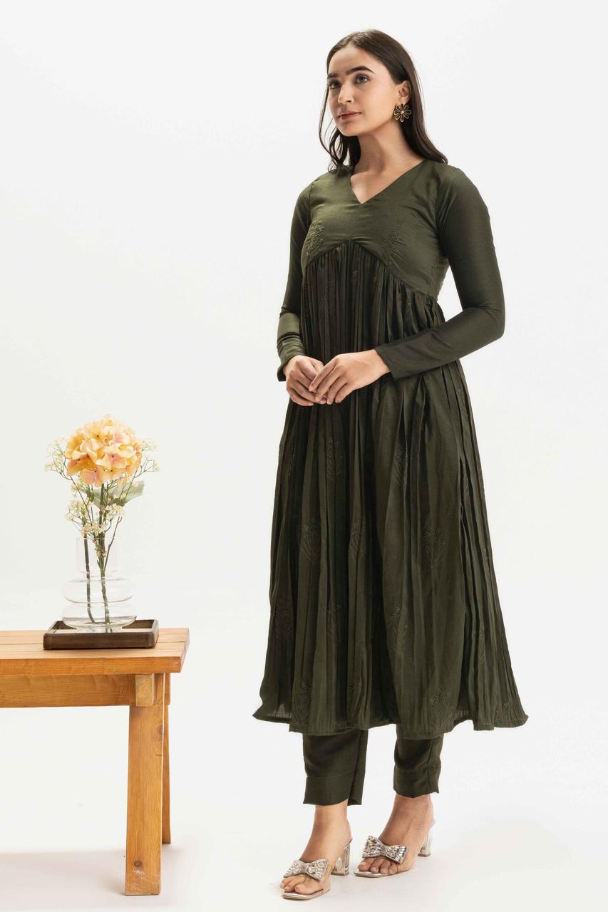 DARK GREEN PURE CHINNON COTTON EMBROIDERED SUIT SET WITHOUT CONTRAST DUPATTA